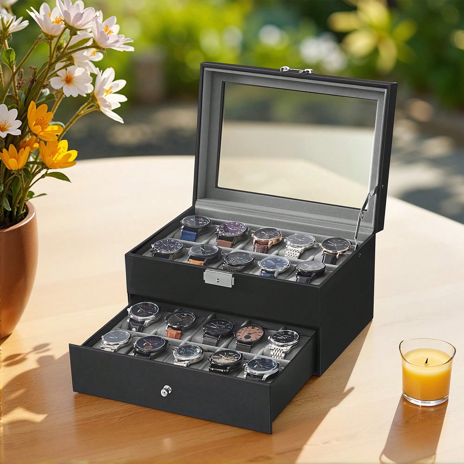 20-Slot Watch Box with Glass L - Jewelry Watches Women 评论和价格