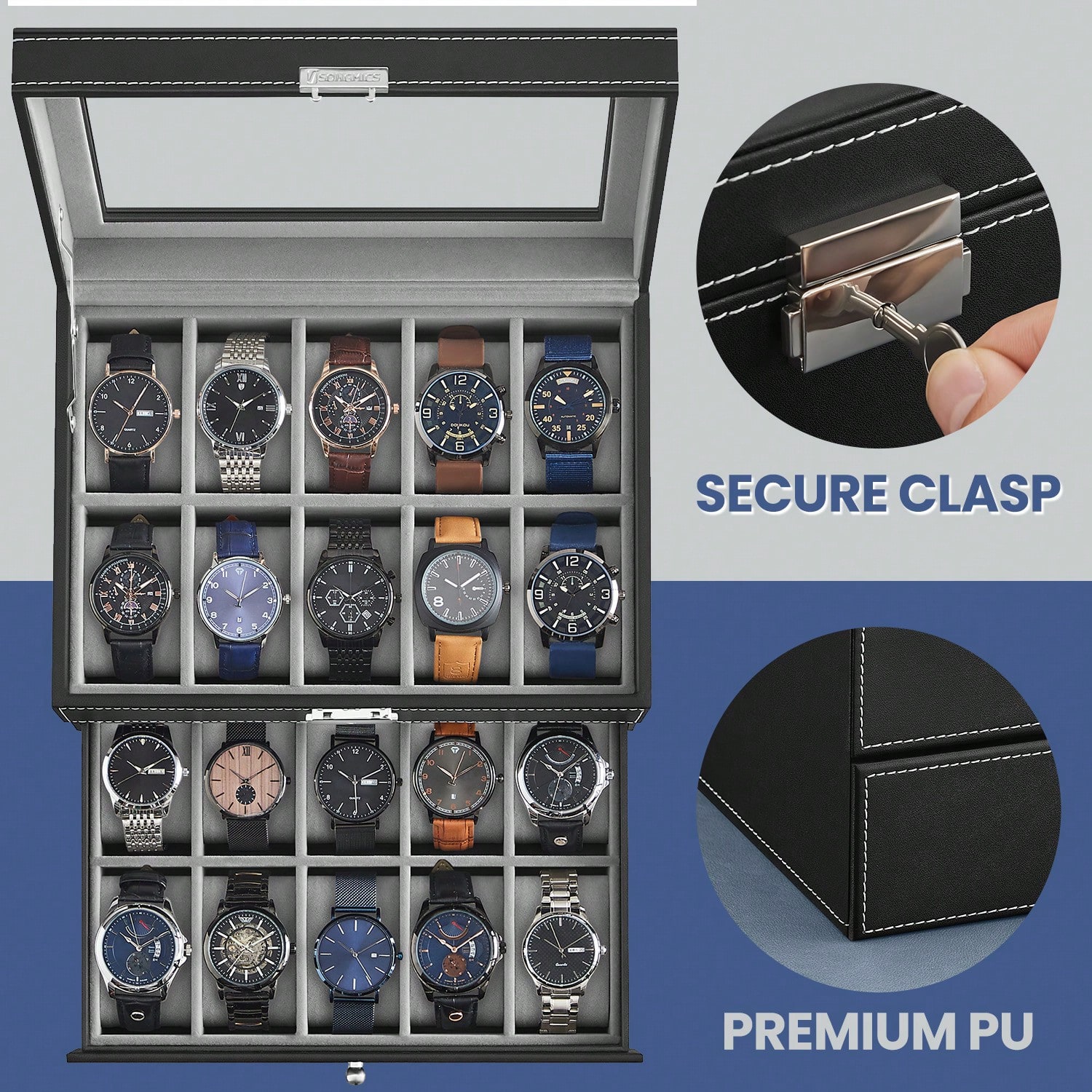 20-Slot Watch Box with Glass L - Jewelry Watches Women 评论和价格