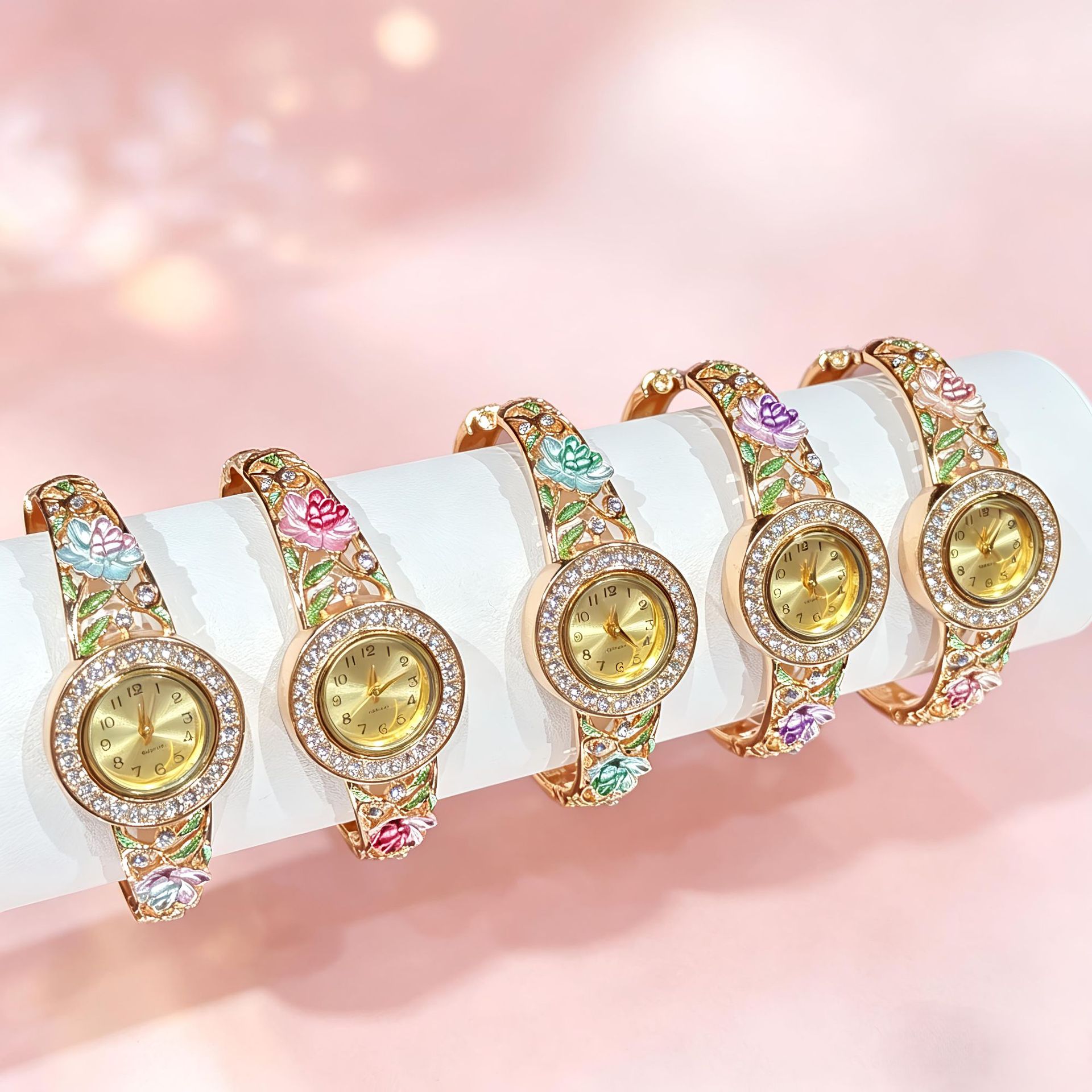 Vintage Gold Enamel Flower Wri - Jewelry Watches For Ladies 评论和价格