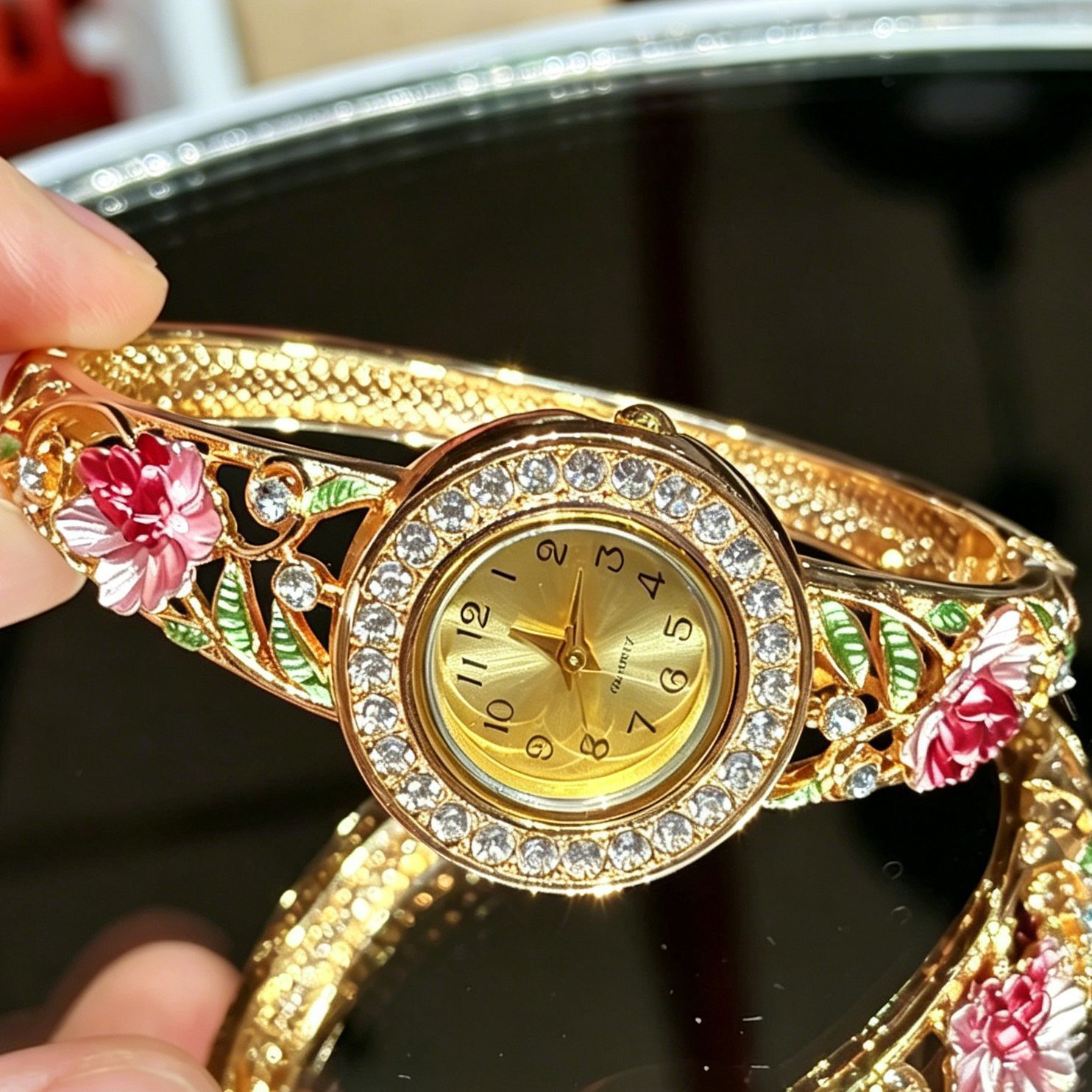 Vintage Gold Enamel Flower Wri - Jewelry Watches For Ladies 评论和价格