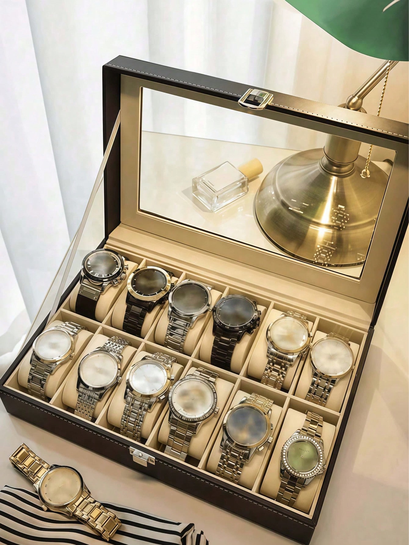 Leather Watch Box with Lock, L - Jewelry Watches Women 评论和价格