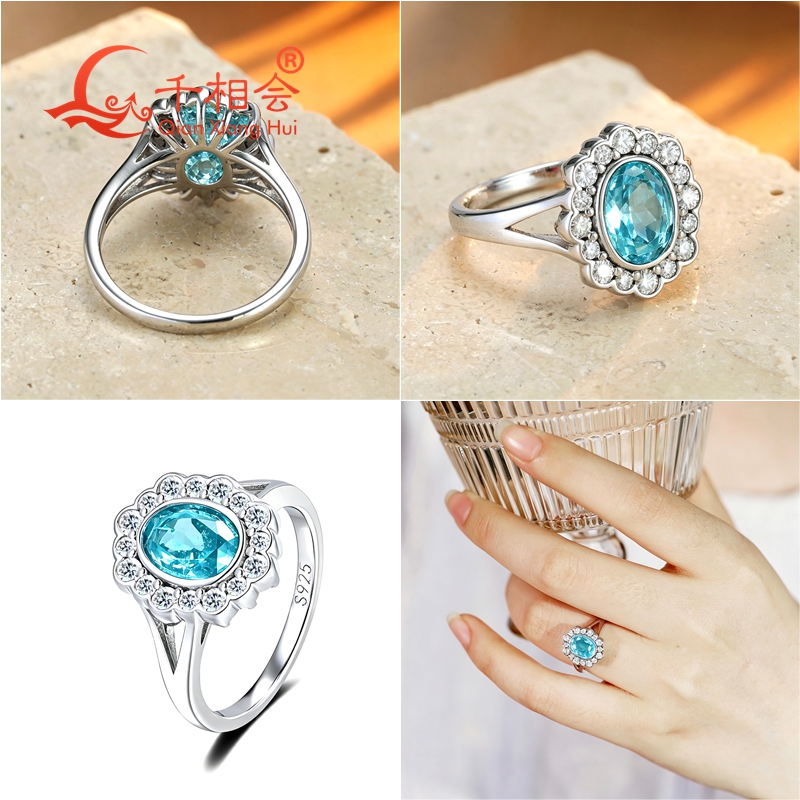 Lab Grown Oval Paraiba Tourmal - Moissanite Ring 评论和价格